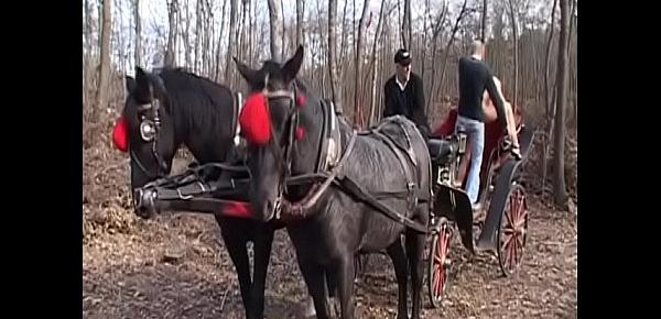  Playful senior cabin attendant Katia De Val allowed pilot assistant access for her body during horse and buggy circa walking in the woods